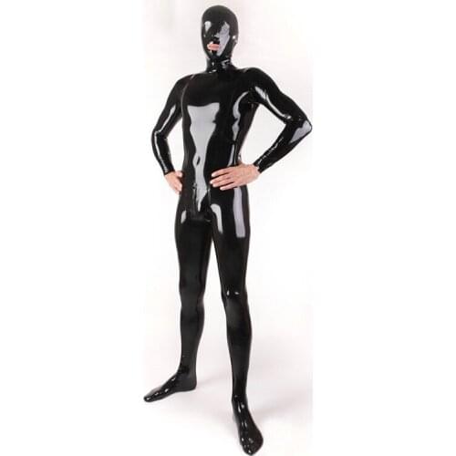 Sexy Black Men Full Body Latex Catsuit Hood Mesh Eyes Fetish with Back Zip Through Crotch