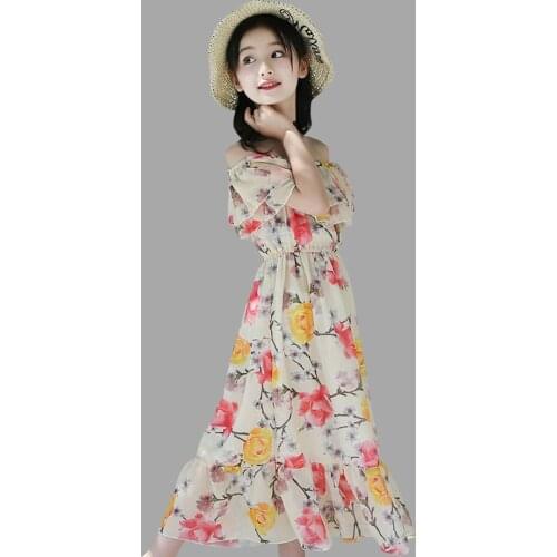 Girl Dress Summer Floral Childrens Dresses Beach Off Shoulder Kid Dresses Chiffon Childrens Clothing For Girls 3 4 6 8 10 12