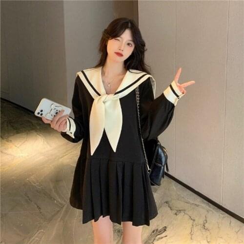 Japanese College Style Jk Girl Retro Temperament Navy Collar Dress 2021 Spring Autumn New Long-sleeved Pleated Dress Woman Dress