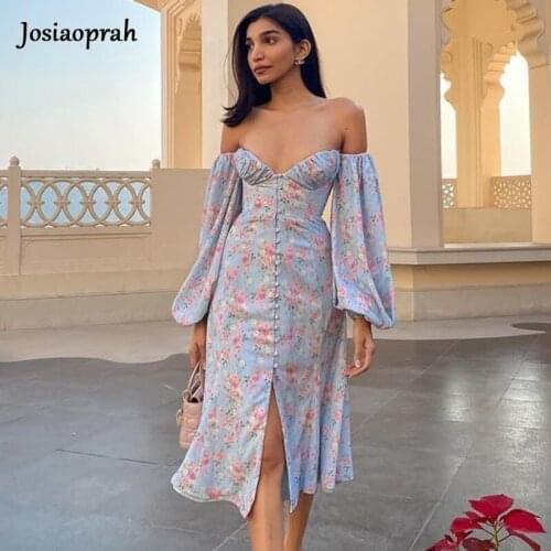Josiaoprah Floral Print Dress Sweet Off Shoulder Puff Sleeve Spilt Buttons Midi Dresses for Women Party Chic Casual Outfits