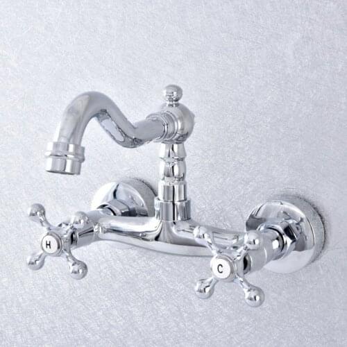 Polished Chrome Brass Wall Mounted Double Cross Handles Bathroom Kitchen Sink Faucet Mixer Tap Swivel Spout Lsf777