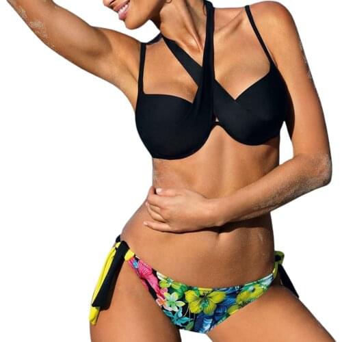 Rarjuiey Womens Summer Swimsuit Set Sexy Cross Tie Up Bikini Tops + Floral Bottom 2 Piece Bathing Suit Set