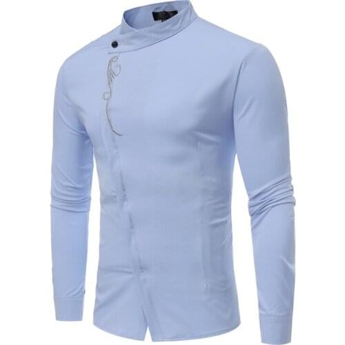 Fashion Mandarin Collar Embroidery Shirt Men Slim Long Sleeve Chemise Homme 2020 Brand Baroque Palace Style Henley Shirt for Men
