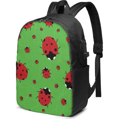 2021 New Laptop USB Backpack Green Background With Ladybirds School Bag Bookbag Men Women Travel Daypack Leisure Backpack