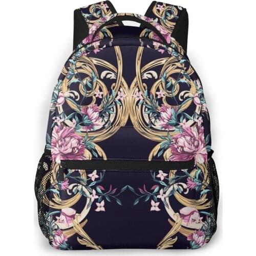 WHEREISART Retro Golden Floral Baroque Pattern Backpacks Junior Youth School Bags Kids Teen Girls Casual Satchel Mutipurpose