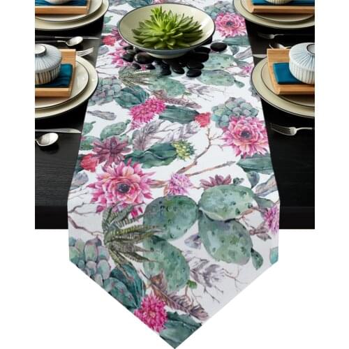 Tropical Plant Green Cactus Flower Modern Table Runner Home Decor Wedding Party Decoration For Hotel Banquet Tea Table Cloth