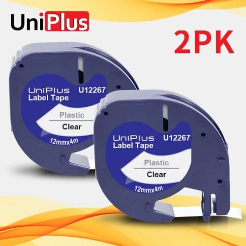 UniPlus 2PK 16952 16951 12267 Black on Clear Tape Replace Dymo LT Label Tapes 12mm Plastic for Letratag Label Printer LT100T 100