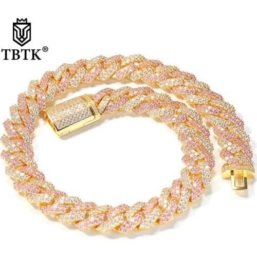 TBTK 9mm Iced Out Rose Gold Silver Color Cuban Link With White &Pink Cubic Zinconia Trendy Charms Jewelry