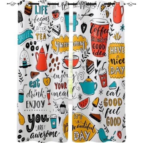 Cafe Doodle Teapot Cup Food Window Curtains Bedroom Kitchen Decor Curtain Panel Window Curtains for Living Room