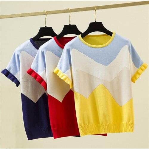 Korean Patchwork Ice Silk Knitted Sweater Women O-neck Short Sleeve Pullover Fashion Loose 2021 Spring Summer New Arrival Tops