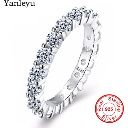Yanleyu Luxury One Row AAA Cubic Zircon Wedding Rings for Women Real 925 Sterling Silver Engagement Jewelry CZ Finger Ring PR127