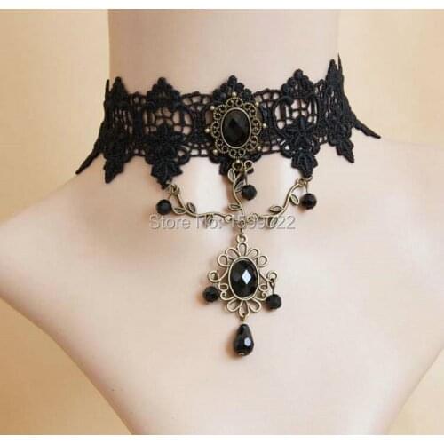 Chic Steam Punk Woman Necklace Vintage Pendants Black Lace Rhinestone Choker Gothic Evening Dress Jewerly Girl Neck Accessories