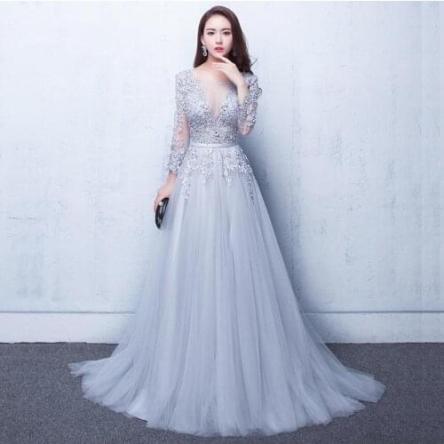 Beauty Emily New Three Quarter Illusion Backless Lace Up Flowers Elegant Evening Dress Floor Length Party Gown Evening Gowns