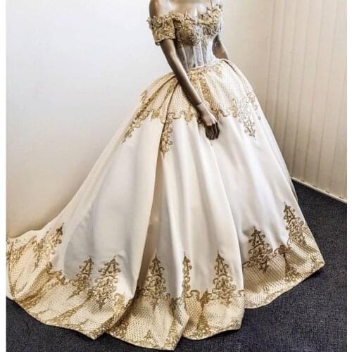 Ball Gown Satin Gold Appliques Muslim Prom Dress Off Shoulder Saudi Arabic Evening Formal Party Gowns Robe Soiree