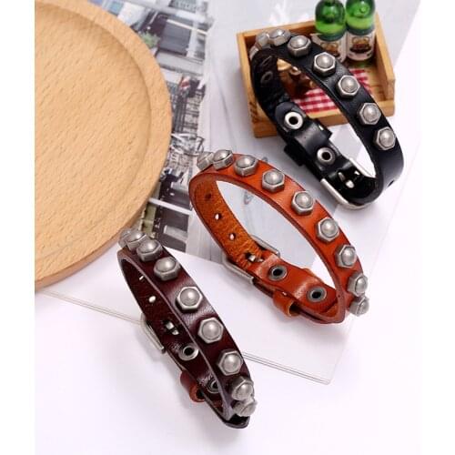 Genuine Leather Bracelets for Men Handmade Vintage Rivet Adjustable Wrap Bracelets for Women Hand Strap