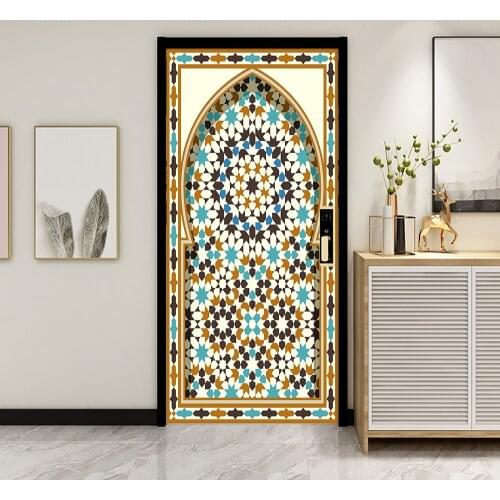 Muslim Style Floral Door Sticker Home Decoration DIY Wall Stickers Bedroom Kitchen Art Wallpaper Peel & Stick Vinyl Wall Decals