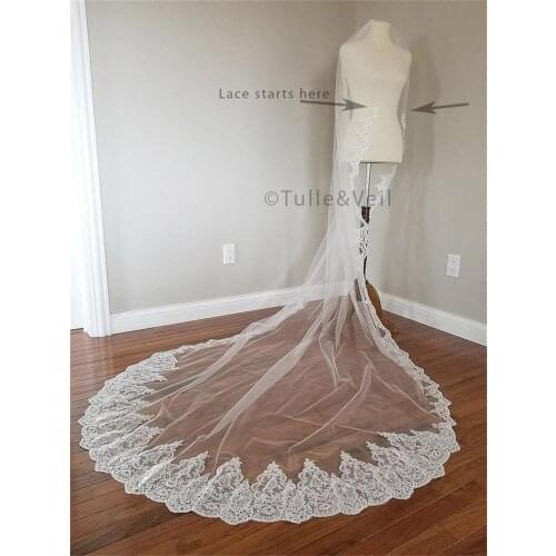 Cheap Lace Wedding Veils With Comb 3M Long Cathedral Bridal Veils Tulle Appliques Sparkly Wedding Bridal Veil