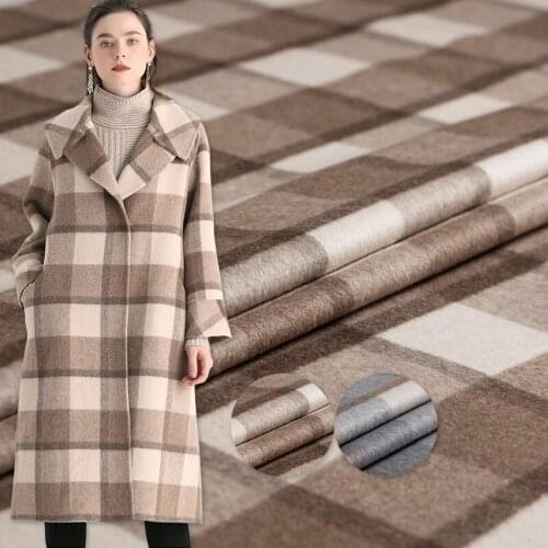 Pearlsilk Plaid printed double-side Alpaca long wool garment materials winter overcoat DIY clothes fabrics