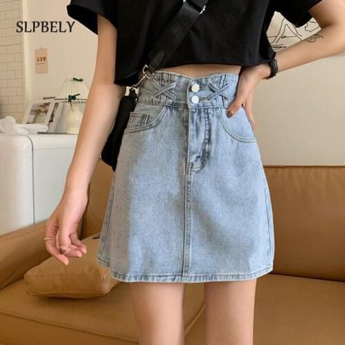 SLPBELY Denim Skirt Womens Summer Solid Blue Basic High Waist Botton Short Skirt A-line Girl Elegant Students School Sundress