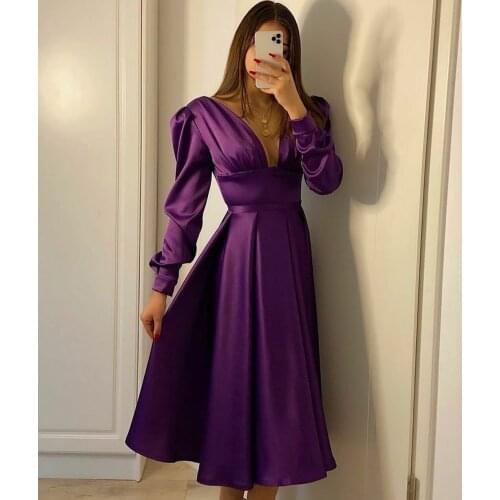 Elegant Long Sleeve V-Neck A-Line Satin Evening Dresses with Pockets Tea Length Zipper Back Purple Formal Party Dress for Women