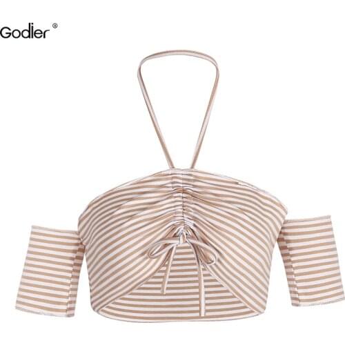Godier Women Backless T-Shirts Top Short Sleeve Off Shoulder Casual Striped Slim Navel Tops Slash Neck Women Clothing Lc0010