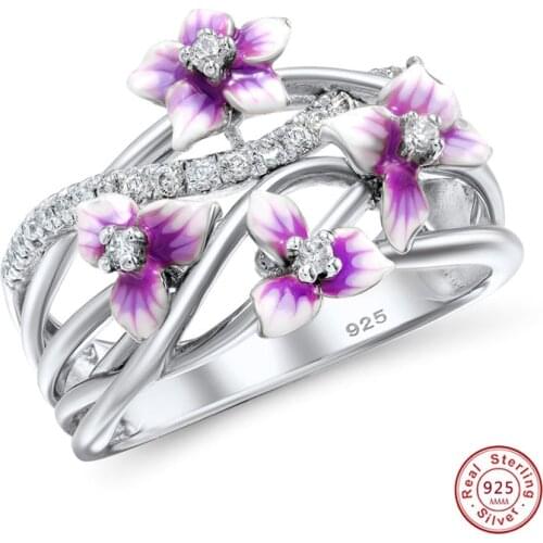 Authentic 925 Sterling Silver Stackable Violet Drop Glue Ring Daisies Flower Zircon Finger Rings for Women Jewelry Gift Bijoux