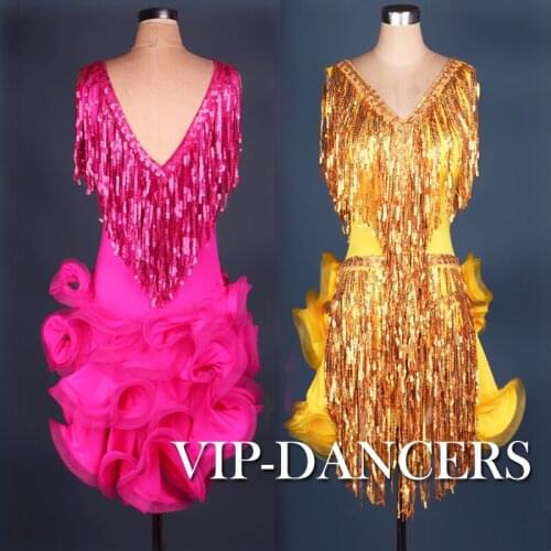 New Latin Dance Costume Female Adult Sequin Fringe Skirt Girls Kids Ballroom Dance Competition Dresses Salsa Dancewear DQL3023
