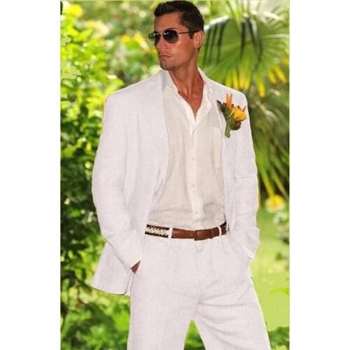 Summer Beach Suit Male Ivory Linen Mens Groom Tuxedos Groomsmen Wedding Blazer Suits Stylish 2 Pieces Jacket + Pants