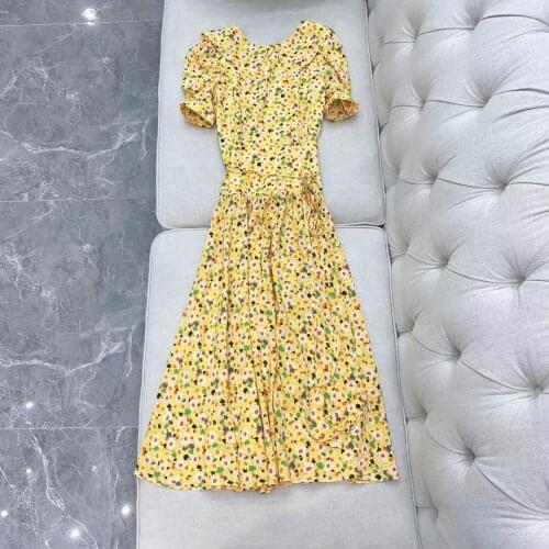 Fashion 2021 new women short sleeve round neck open back floral split dress 0316