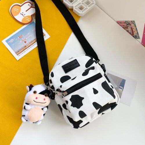 Fashion Women Canvas Crossbody Bags Cow Print Simple Zipper Shoulder Bag 2021 Small Simple Messenger Bag Lady Travel Handbags