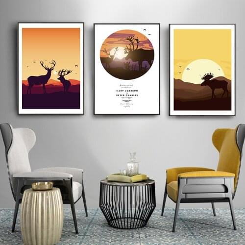 Nordic Style Abstract Animals Poster Deer Wall Art Canvas Painting Dusk Landscape Print Wall Pictures for Living Room Home Decor