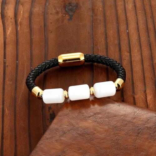 2021 New Natural Blue Chalcedony Female Model Light Sea Blue Transfer Beads Cold Wind 316 Stainless Steel Leather Rope Bracelet