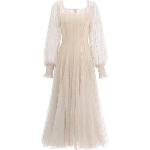 PERHAPS U Womens Mesh Sequined Dress Apricot Blue Square Collar Lantern Long Sleeve Midi Dress D2607