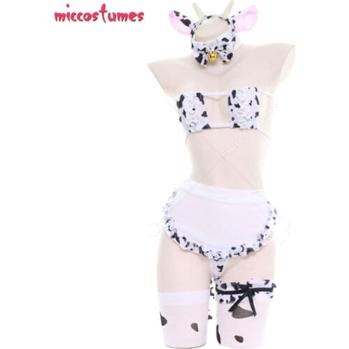 Woman Sexy Japanese Style Cow Black and White Bikini Maid Apron Homewear Pajama Sleepwear Costume Outfit Headdress Stockings