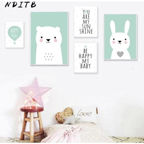 Bunny Bear Cartoon Animal Poster Child Baby Nursery Print Canvas Wall Art Painting Pregnant Kid Room Decoration Creative Picture