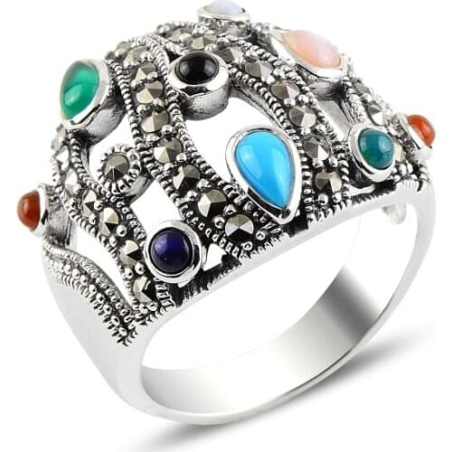 Silver 925 Sterling Mixed Color & Marcasite Ring
