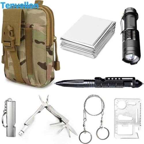 Tactical Self Defense Supplies Survival Kits Disaster relief Supplies Flashlight Tactical Pen Whistle Saw Outdoor Camping Kit