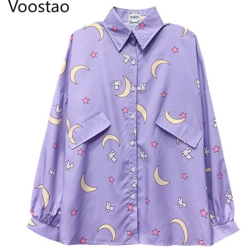 Japanese Sweet Cartoon Moon Rabbit Print Shirts Women Kawaii JK Blouse Girls Harajuku Cute Loose Long Sleeve Oversized Tops Fall