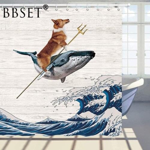 Funny Corgi Dog Shower Curtain The Corgi Rides A Whale on Huge Waves Pattern Waterproof Multi-size Douchegordijn Bathroom Decor