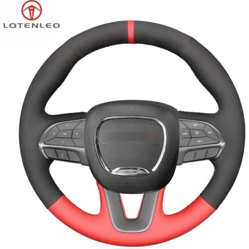 LQTENLEO Black Suede Red Leather Car Steering Wheel Cover For Dodge Challenger 2015-2021 Charger 2015-2021 Durango 2015-2021