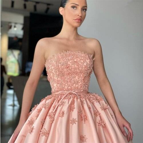Strapless A Line Prom Dresses Lace Appliques Beading Evening Gowns Women Formal Party Dress Satin vestido de novia