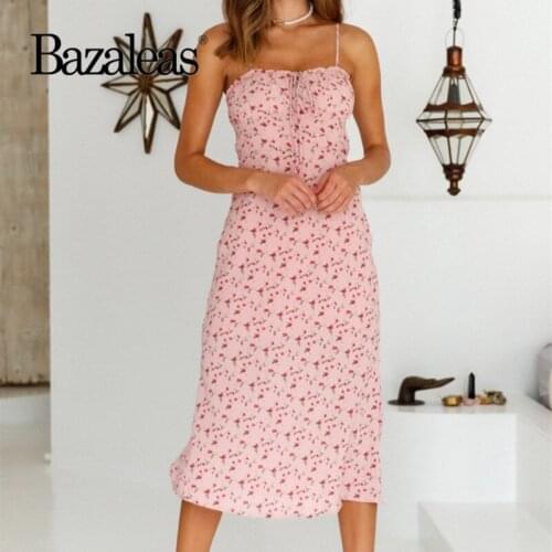 Bazaleas Chic Pink Floral Print Summer Dress Sexy Spaghetti Straps Vestidos Vintage Cute Tube Women Midi Dress