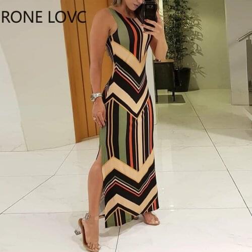 Women Sleeveless O-Neck Colorful Striped Print Side Slit Maxi Dress Elegant Fashion Chic Dress