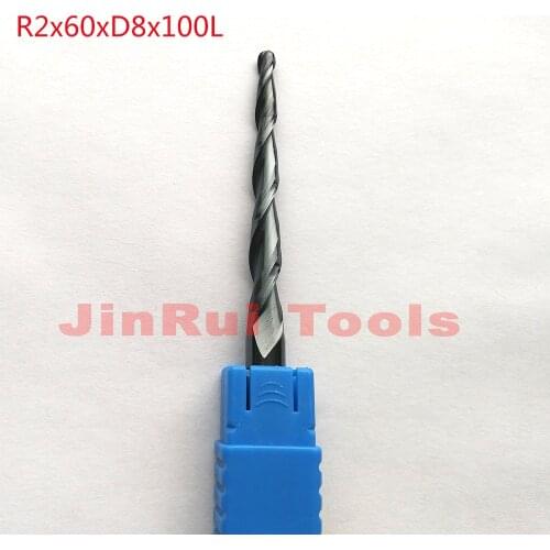 1pc R2*D8*60*100L*2F HRC55 Tungsten solid carbide Coated Tapered Ball Nose End Mills CNC milling cutters knife