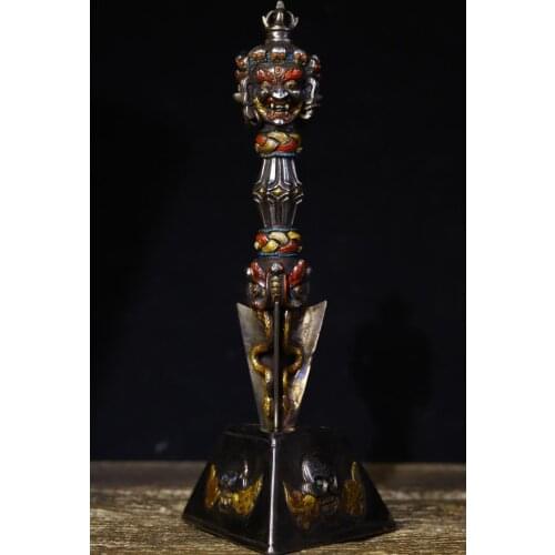 11" Tibet Buddhism Temple Tiantie Inlaid Gems Painted Fi QI 3-faced Mahakala skull statue Dorje Vajra Phurba Dagger Holder