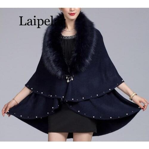 Winter Sweater Big Faux Fox Fur Neck Cardigan Poncho Warm Thick Beading Solid Coat 2019 Women Casual Loose Shawl
