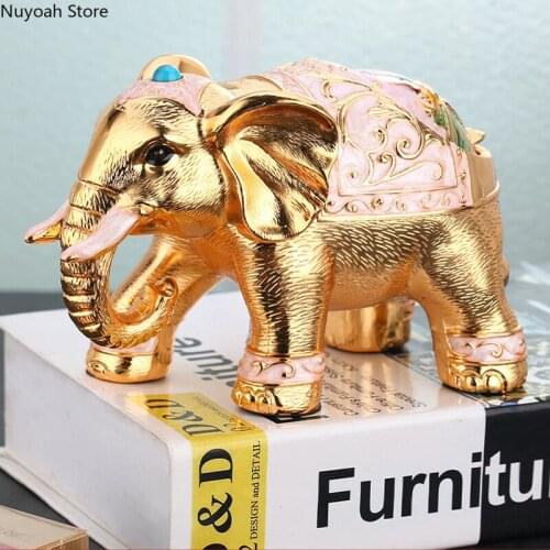 European Style Retro Elephant Ashtray Personality Spherical Shape with Cover Metal Multifunctional Home Living Room Decoration