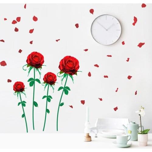 Red Rose Flowers Wall Stickers For Shop Wedding Party Bedroom Home Decoration Diy Plant Mural Art Pvc Decal Valentines Day Gift