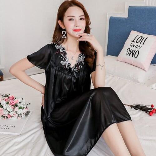 Summer Ice Silk Nightdress with Fat Enlarged Nightgown Womens Short Sleeve V-neck Loose Thin Medium Length Sleepwear Homewear