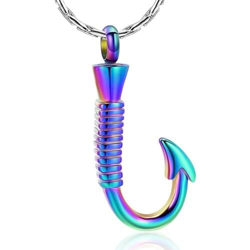 MJD8423 Fish Hook Memorial Ash Urn Necklace Stainless Steel Cremation Jewelry for Ashes
